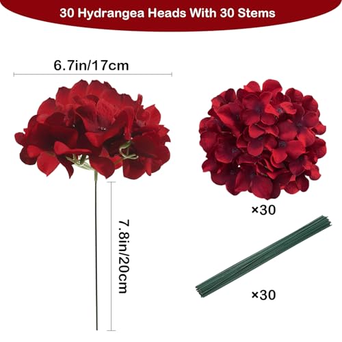Cherica Dark Red Hydrangea Artificial Flowers Bulk 30 Pcs Faux Hydrangea Flowers Heads Artificial Fake Silk Hydrangea Flowers with Stems Red Flowers Artificial for Decoration Wedding Dcor - Image 3