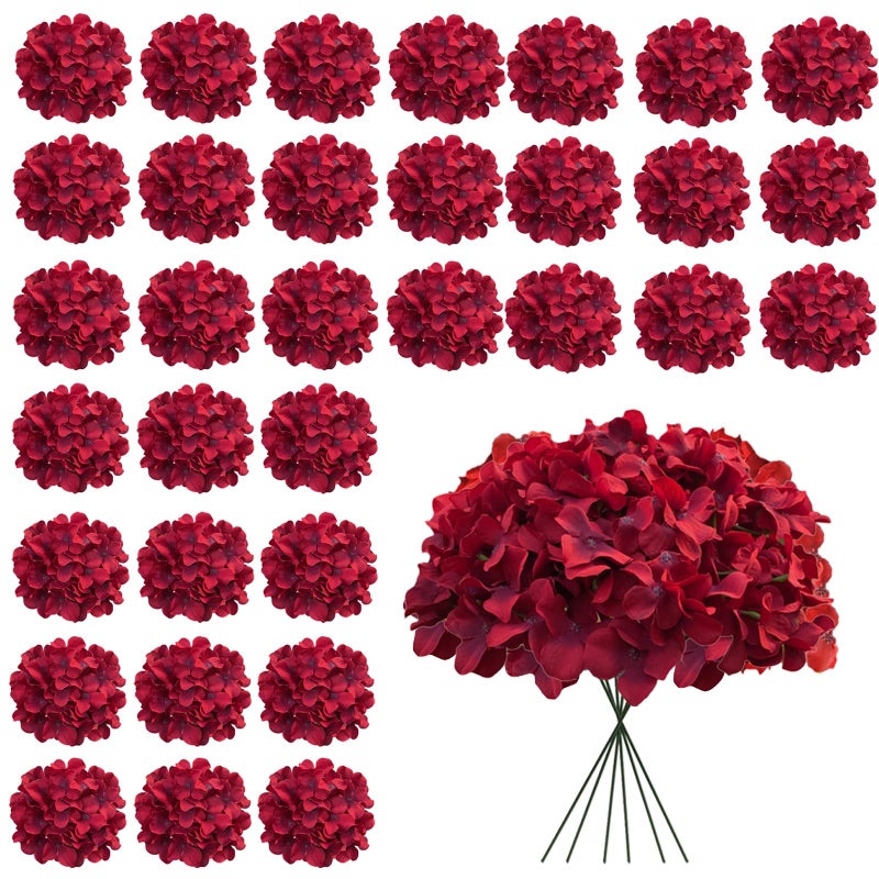 Cherica Dark Red Hydrangea Artificial Flowers Bulk 30 Pcs Faux Hydrangea Flowers Heads Artificial Fake Silk Hydrangea Flowers with Stems Red Flowers Artificial for Decoration Wedding Dcor - Image 2