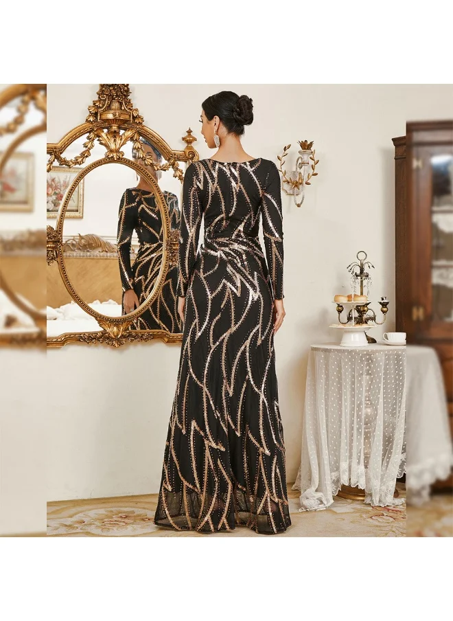 Madam Uniq Elegant Long Sleeve Round Neck Sequin Evening Dress
