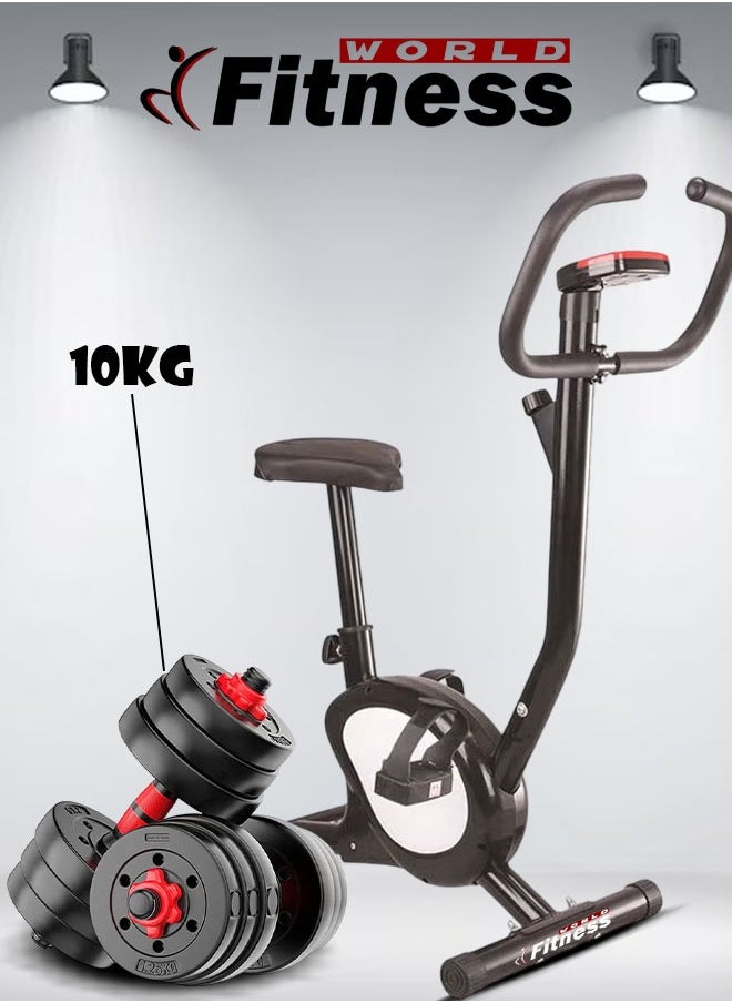 Fitness World Set of 10kg Adjustable Dumbbells and High Quality Exercise Bike with Chair  - Image 1