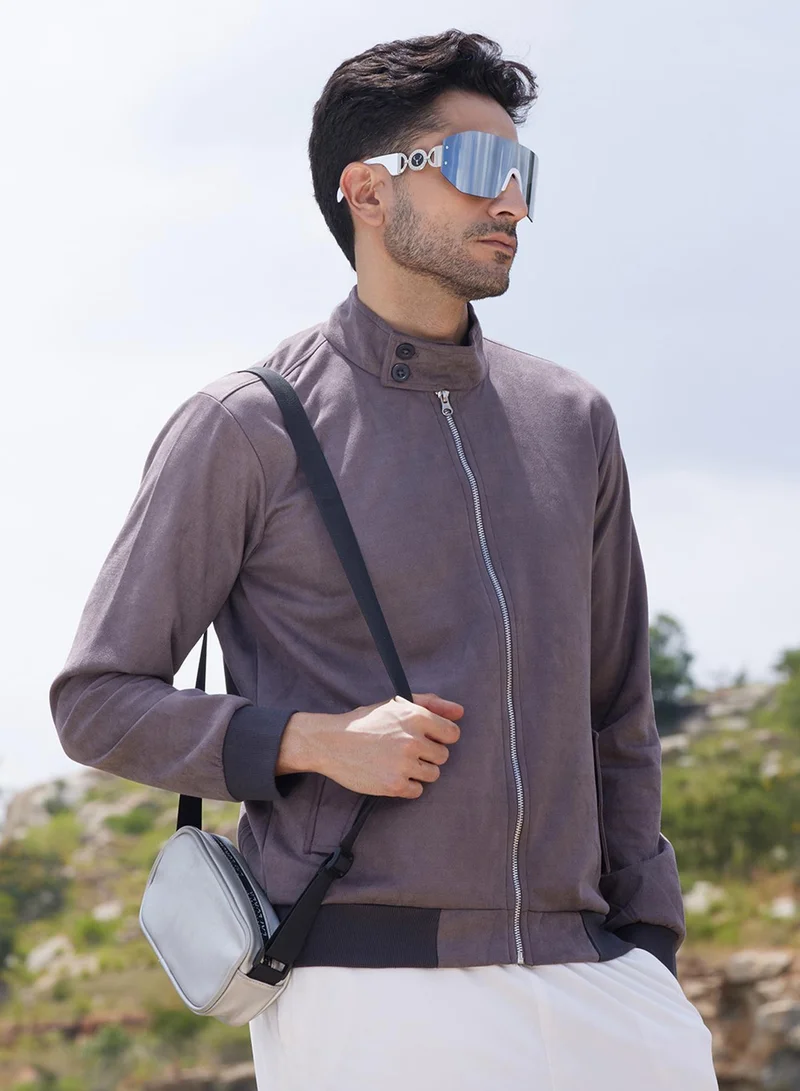 Men's Brown Zip-Front Jacket With Ribbed Hem For Casual Wear | Biker Neck | Long Sleeve | Zipper Closure | Suede Jacket Crafted With Comfort Fit For Everyday Wear