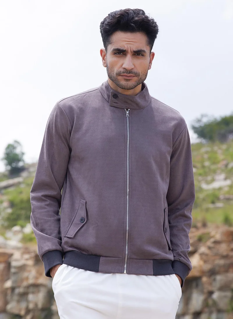 Campus Sutra Men's Brown Zip-Front Jacket With Ribbed Hem For Casual Wear | Biker Neck | Long Sleeve | Zipper Closure | Suede Jacket Crafted With Comfort Fit For Everyday Wear