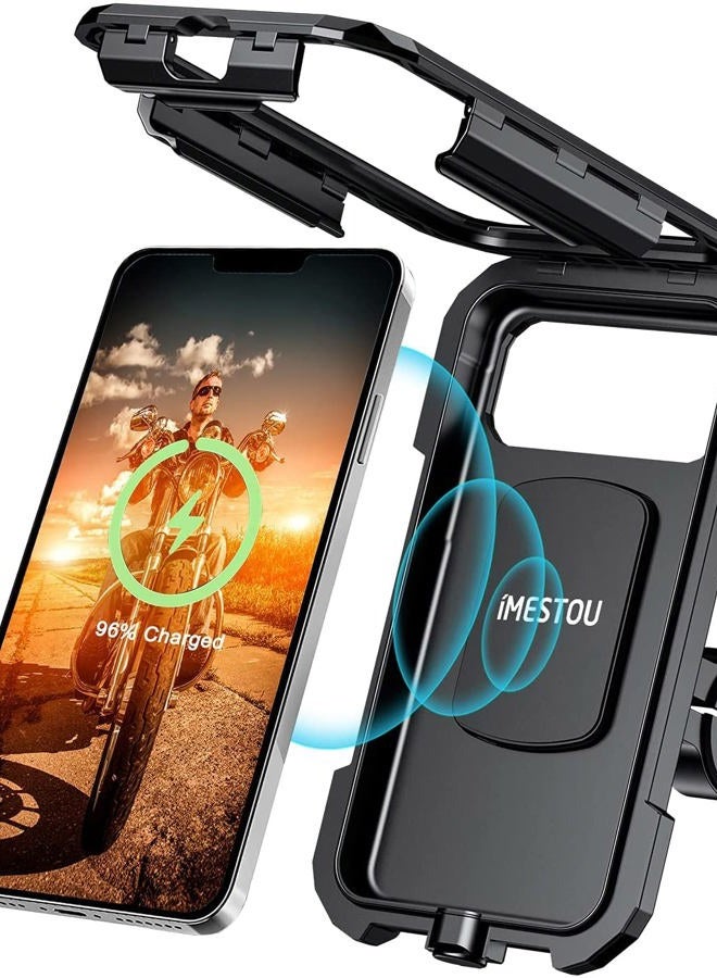 iMESTOU Waterproof IP67 Motorcycle Phone Mount Wireless/USB C Charger Handlebar Cellphone Holder Quick Charge for 5.5"-6.8" Phones, Work by Wiring to 12/24V Vehicles or Plugging to USB A Sockets - Image 1