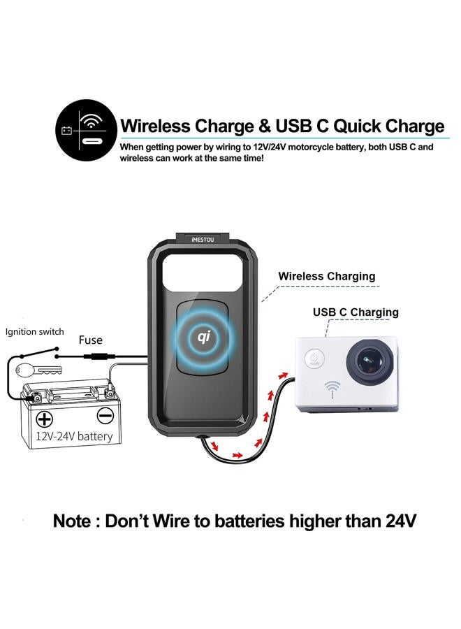 iMESTOU Waterproof IP67 Motorcycle Phone Mount Wireless/USB C Charger Handlebar Cellphone Holder Quick Charge for 5.5"-6.8" Phones, Work by Wiring to 12/24V Vehicles or Plugging to USB A Sockets - Image 2