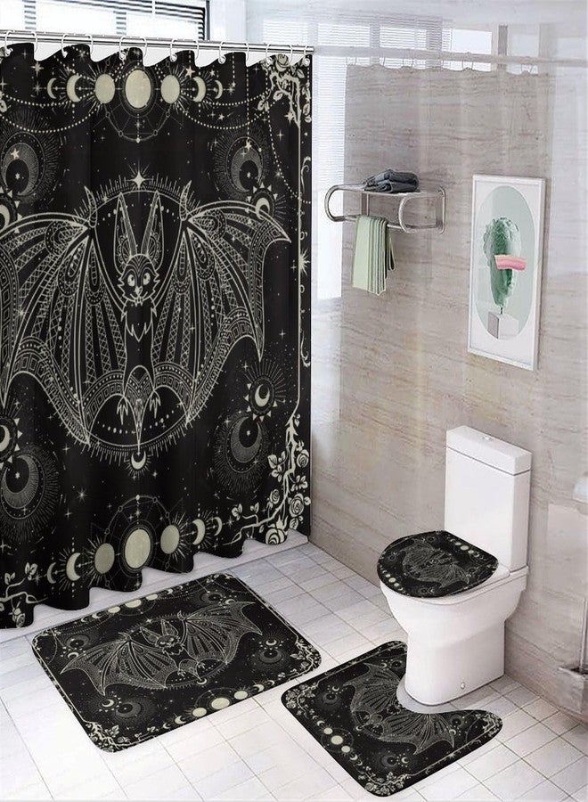 FBMLBRB Brebasf Abstract Modern Art Bat 4 Pieces Shower Curtain Set, Vintage Gothic Galactic Universe Floral Rose Full Moon Non-Slip Rugs Toilet Lid Cover Bath Mat and Bathroom Curtain - Image 1