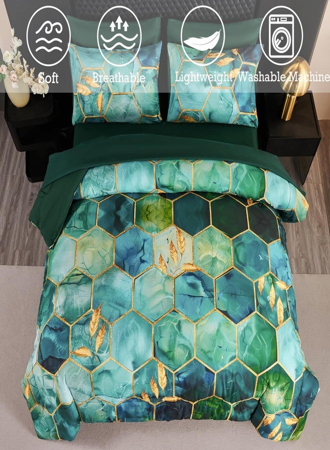ANGIYUIN 7 Pieces Turquoise Gold Marble Comforter Set Queen Watercolor Printed Bedding Comforter Set Luxury Gold Trim Bed Set Hexagon Honeycomb Bed in A Bag with Sheets(Queen Teal Green) - Image 4