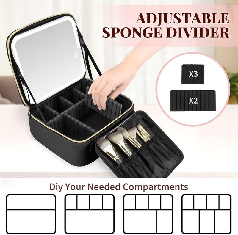 Feelon Cosmetic Bag with Rechargeable 3 Adjustable Color Brightness LED Mirror and Makeup Bag Included Travel Makeup Vanity Bag and Adjustable Dividers Black - Image 5