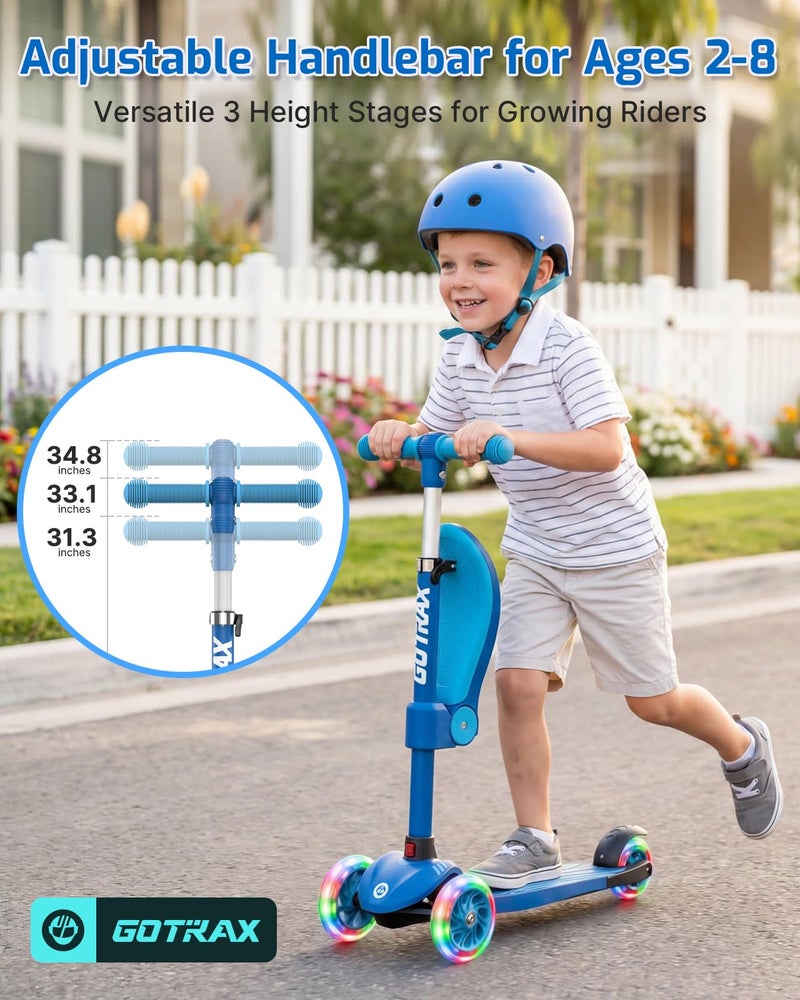 Gotrax KS3 Kids Kick Scooter, LED Lighted Wheels, Adjustable Height Handlebars and Removable Seat, Lean-to-Steer & Widen Anti-Slip Deck, 3 Wheel Scooter for Kids Ages 2-8 and up to 100 Lbs (Blue) - Image 4