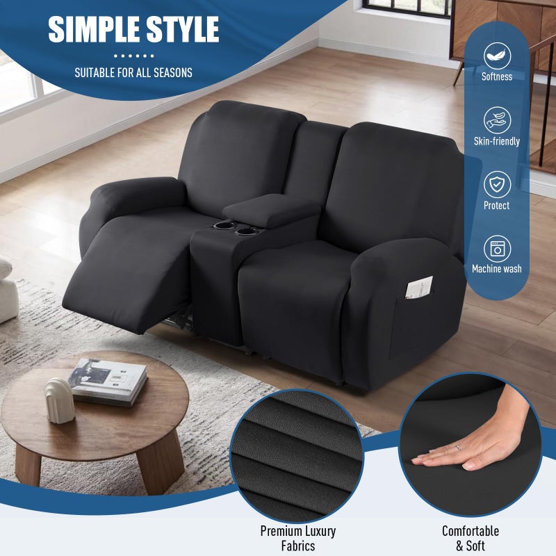 TAOCOCO Reclining Loveseat with Middle Console Slipcover, 4 Piece Polyester Fabric Stretch Loveseat Reclining Sofa Covers (Black, 2 Seat Recliner Cover with Console) - Image 2