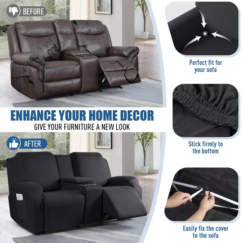 TAOCOCO Reclining Loveseat with Middle Console Slipcover, 4 Piece Polyester Fabric Stretch Loveseat Reclining Sofa Covers (Black, 2 Seat Recliner Cover with Console) - Image 5