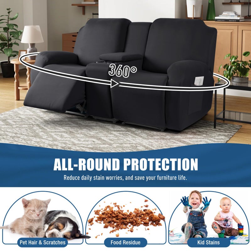 TAOCOCO Reclining Loveseat with Middle Console Slipcover, 4 Piece Polyester Fabric Stretch Loveseat Reclining Sofa Covers (Black, 2 Seat Recliner Cover with Console) - Image 4