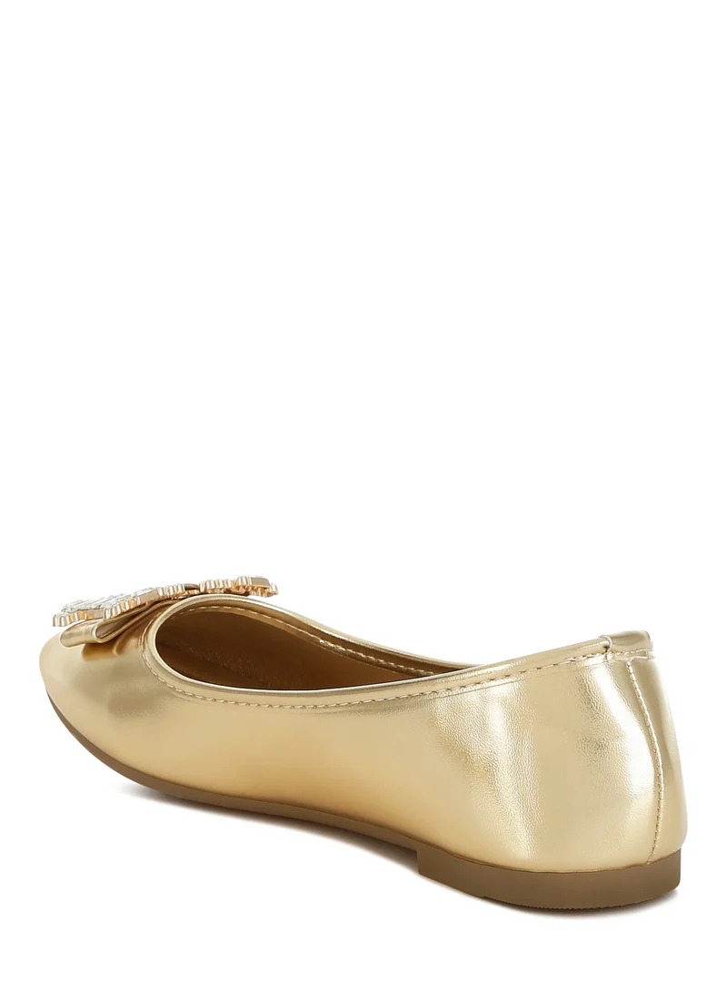 London Rag Rhinestone Buckle Metallic Ballerinas in Gold