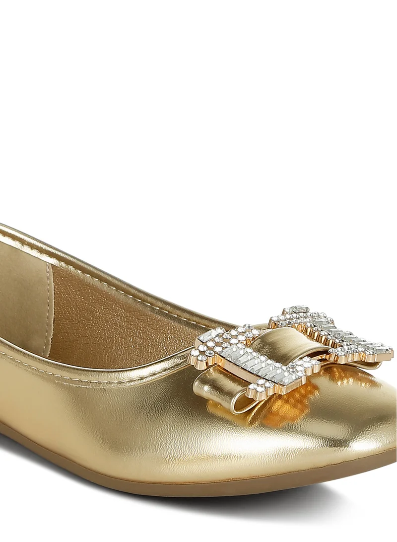 London Rag Rhinestone Buckle Metallic Ballerinas in Gold