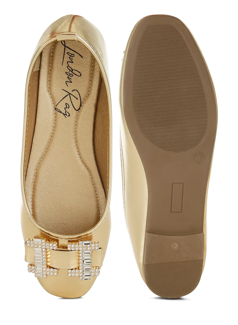 London Rag Rhinestone Buckle Metallic Ballerinas in Gold