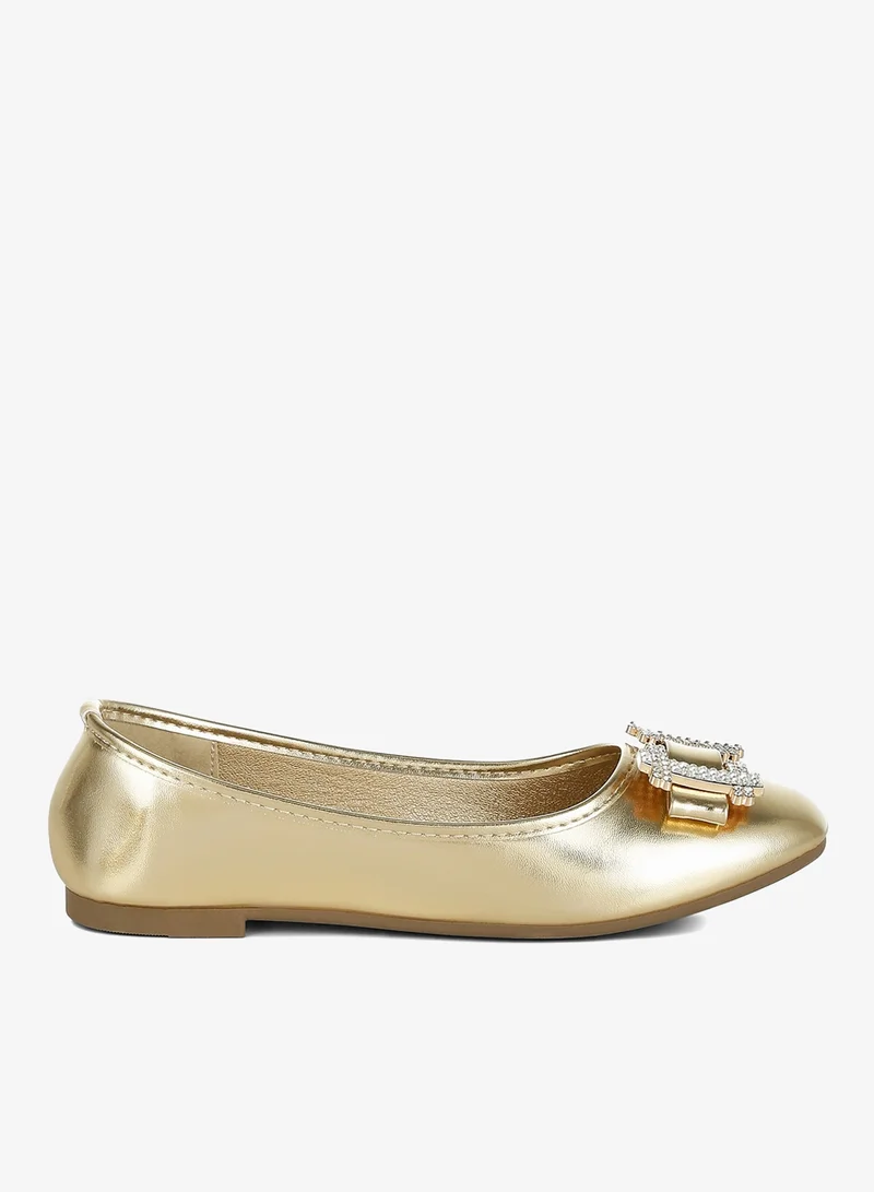 London Rag Rhinestone Buckle Metallic Ballerinas in Gold