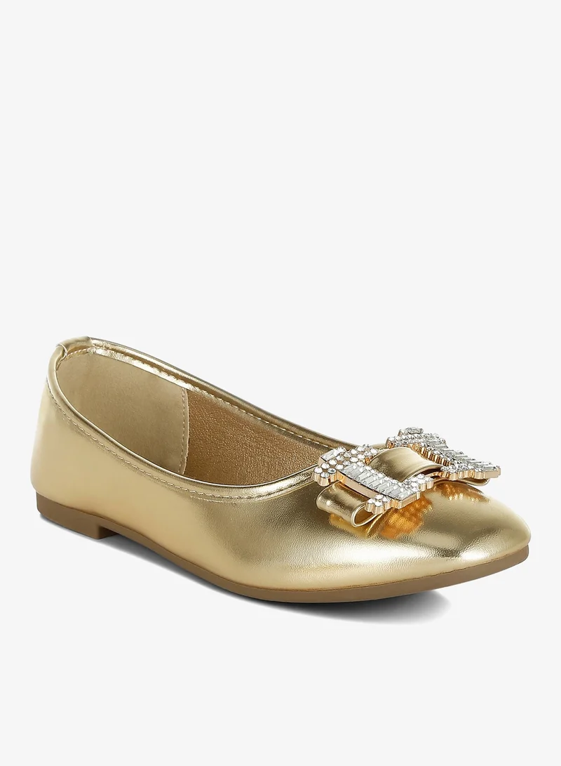 London Rag Rhinestone Buckle Metallic Ballerinas in Gold