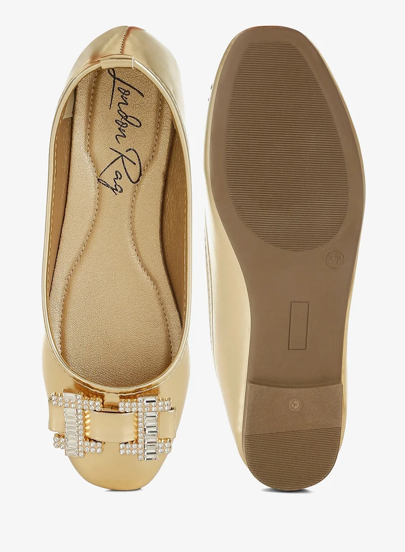 London Rag Gold Rhinestone Buckle Metallic Ballerinas in Gold for Women | Best Price UAE