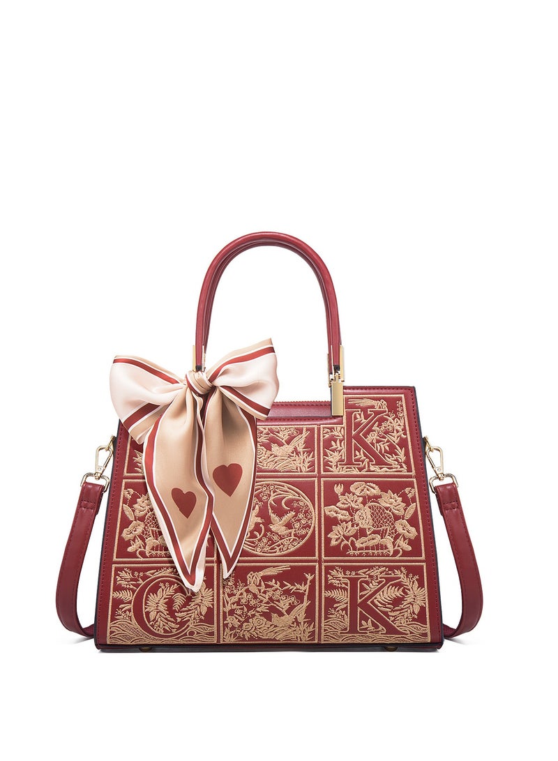 SOLARAE Leather Satchel Handbag for Women -Stylish Vintage Tote Shoulder Bag with Embroidery, Top Handle, and Crossbody Option - Image 1