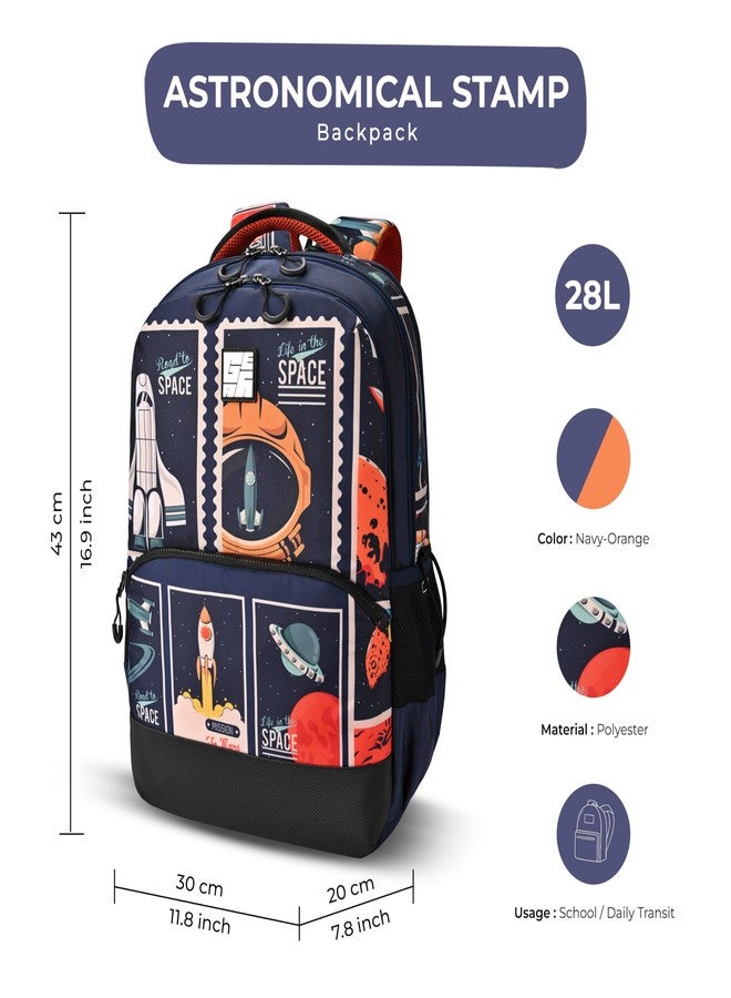Gear Astronomical Stamp 4 Compartment Backpack 17"/28L Medium Water Resistant School Bag/Casual Backpack/Daypack/Kids Bag for Boys/Girls (Navy-Orange) - Image 2
