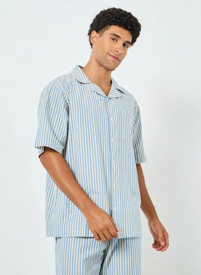 Styli Men Striped Short Sleeves Relaxed Shirt and Pyjama Set