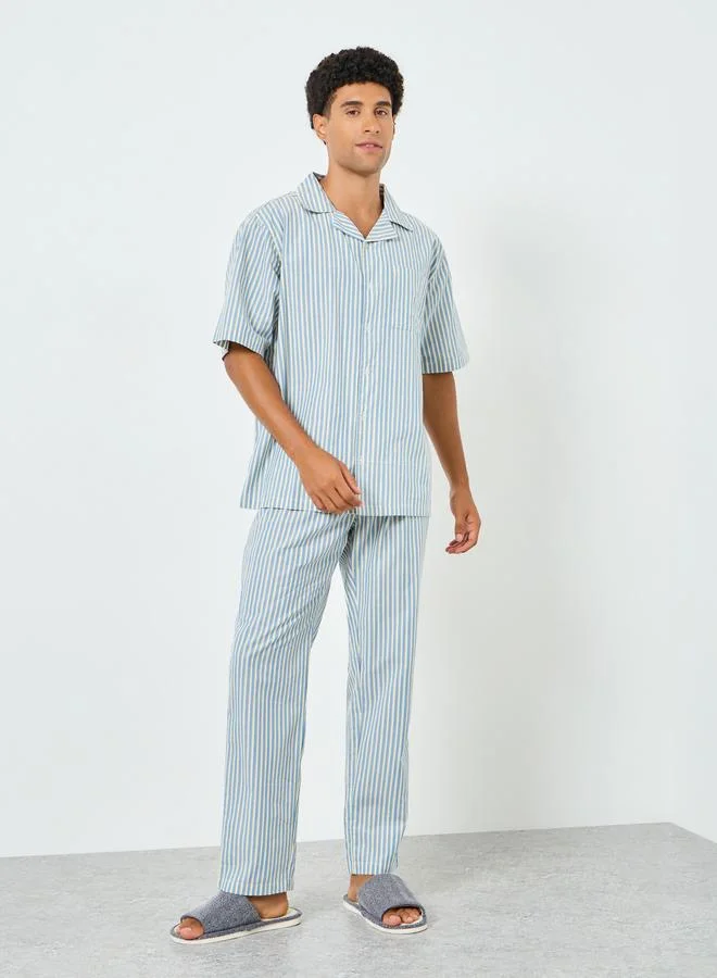 Styli Men Striped Short Sleeves Relaxed Shirt and Pyjama Set