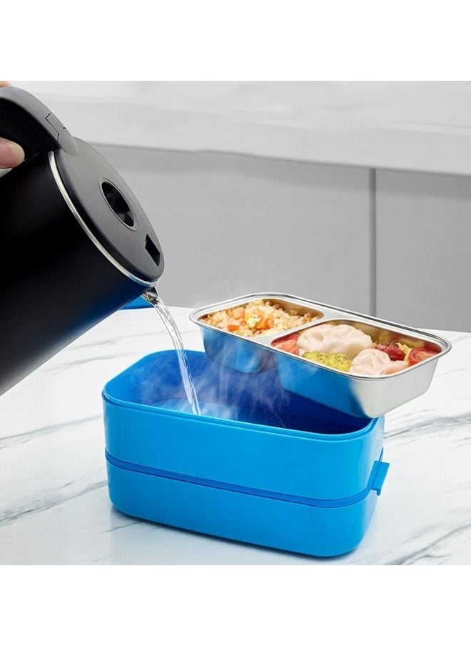 GGEROU - Lunch box for kids, Stainless Steel Bento Box Adult Child 2 Layer 3 Lattice Lunch box Sealed Fresh Keeping Box Can Keep Food Warm By Flour Sugar Storage Containers Blue - Image 1