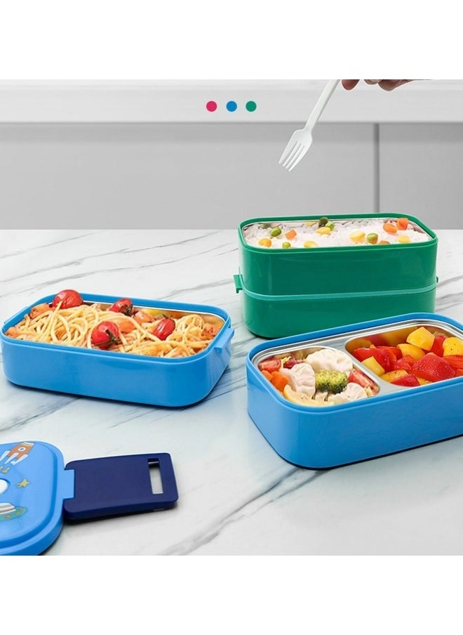 GGEROU - Lunch box for kids, Stainless Steel Bento Box Adult Child 2 Layer 3 Lattice Lunch box Sealed Fresh Keeping Box Can Keep Food Warm By Flour Sugar Storage Containers Blue - Image 1