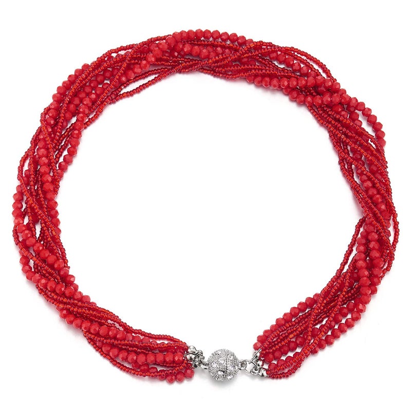 COOLSTEELANDBEYOND Red Statement Necklace Multi-Layer Beads Crystal Braided Chain Choker Collar Magnetic Clasp Party - Image 4