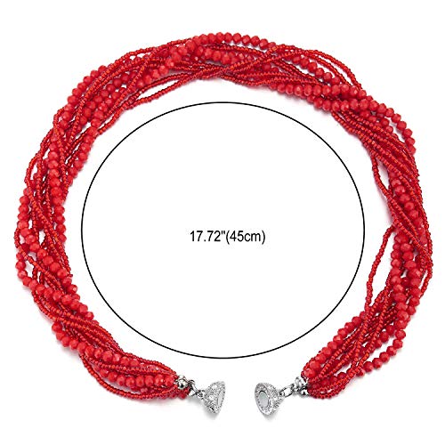 COOLSTEELANDBEYOND Red Statement Necklace Multi-Layer Beads Crystal Braided Chain Choker Collar Magnetic Clasp Party - Image 3
