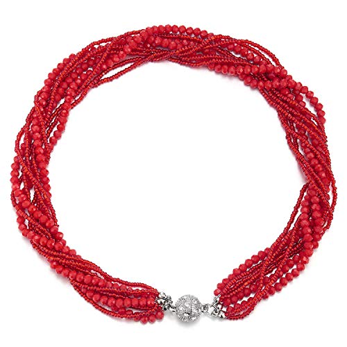 COOLSTEELANDBEYOND Red Statement Necklace Multi-Layer Beads Crystal Braided Chain Choker Collar Magnetic Clasp Party - Image 1