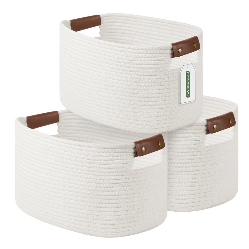 ECDYQXVU Cotton Rope Basket Storage Baskets with Handle 15x10x9 Inch Woven Basket for Shelves Laundry Towels Clothes Books Toys White 3Pack