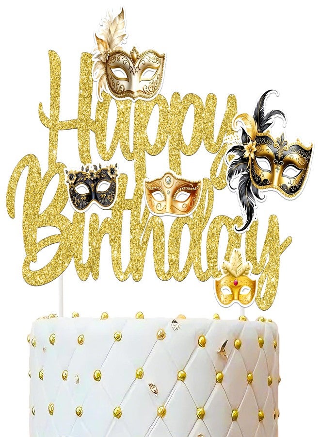 umoni Masquerade Mask Birthday Cake Topper Gold Glitter Mask Party Cake Decorations Masquerade Theme Bachelorette Cake Picks for Mardi Gras Carnival Dancing Party Supplies - Image 2