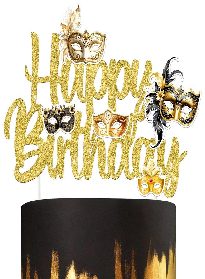 umoni Masquerade Mask Birthday Cake Topper Gold Glitter Mask Party Cake Decorations Masquerade Theme Bachelorette Cake Picks for Mardi Gras Carnival Dancing Party Supplies - Image 1