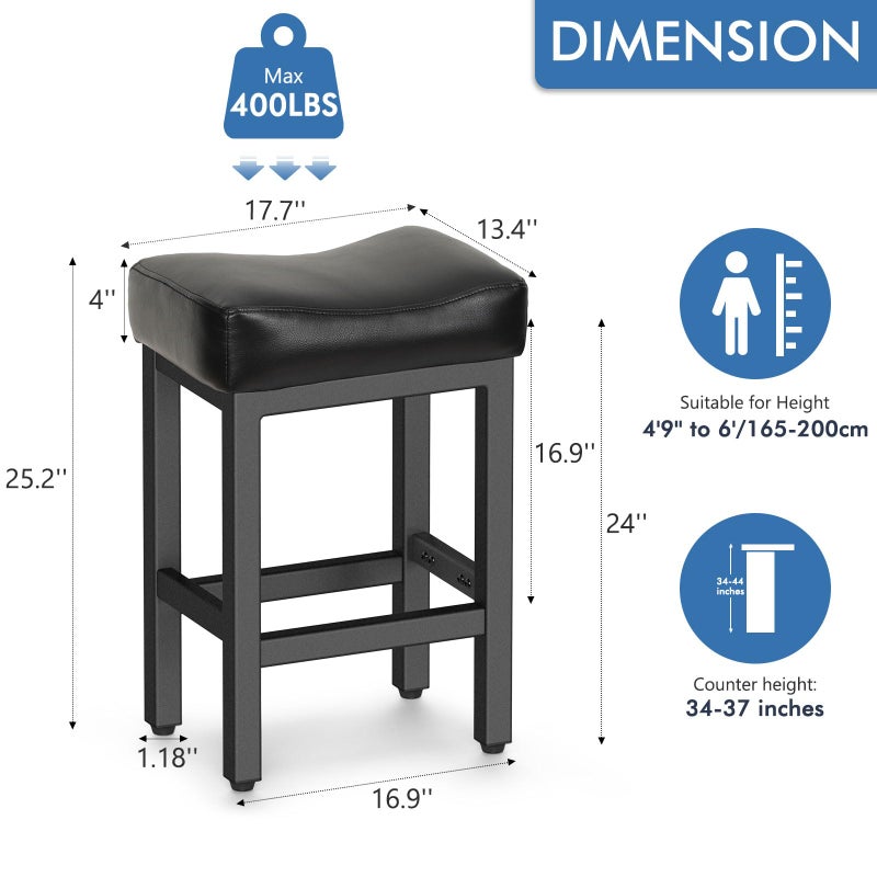 Raynesys Counter Height Bar Stools Set of 2, 24 Inch Barstools for Kitchen Island Counter, Bonded Leather Kitchen Stools with Thick Saddle Seats & Heavy Duty Metal Base, Easy Assembly, All Black - Image 2
