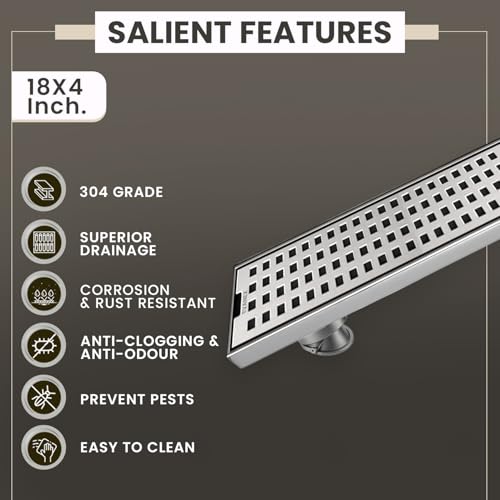 EVANEX EVANEX Bathroom Drain Drainer | 24x4 Inch 304 Grade Stainless Steel Shower Drain Channel | Drain Strainer for Bathroom with Cockroach Trap (Silver Square, 18 x 4 Inch) - Image 4