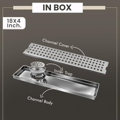 EVANEX EVANEX Bathroom Drain Drainer | 24x4 Inch 304 Grade Stainless Steel Shower Drain Channel | Drain Strainer for Bathroom with Cockroach Trap (Silver Square, 18 x 4 Inch) - Image 3