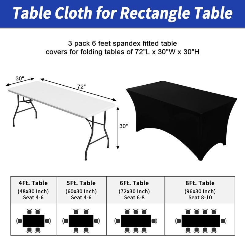 3 Pack Black Table Cloth for 6 Foot Rectangle Tables - Stretch Spandex Fitted Table Covers - Image 3