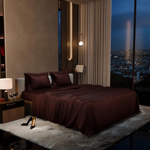 Stoa Paris 300 TC Satin Bedsheet Double Bed with Pillow Covers, Premium Ultra Satin Bedding Set, Gifts for Women, Couples, Wedding, Bedroom Home Furnishing, Date Night Collection - Hot Chocolate - Image 1