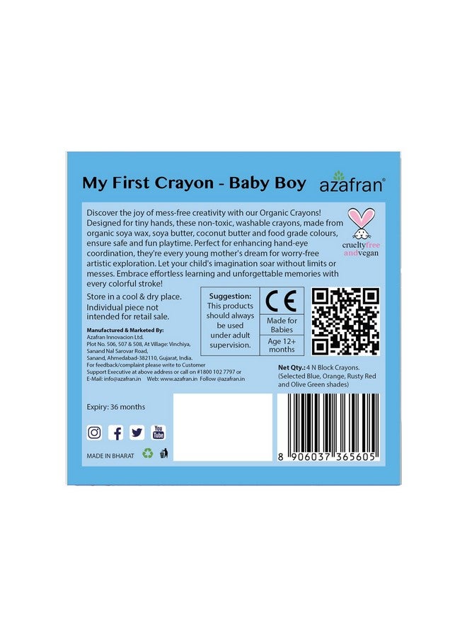 Azafran My First Crayon for Baby Boy, 4 Jumbo Block Crayons, Organic, Washable, Non-Toxic, Easy Grip for Tiny Hands - Image 2