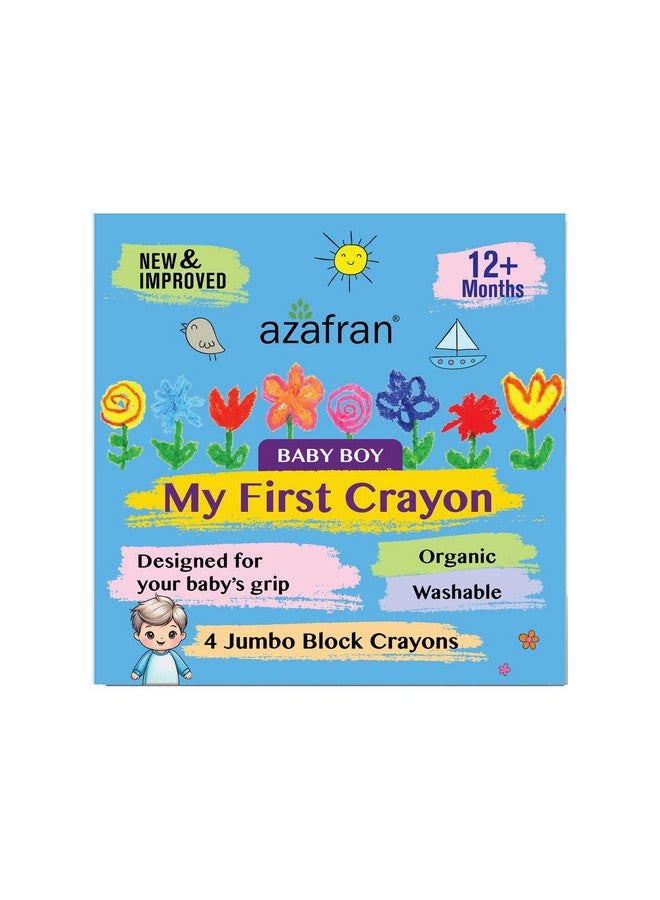 Azafran My First Crayon for Baby Boy, 4 Jumbo Block Crayons, Organic, Washable, Non-Toxic, Easy Grip for Tiny Hands - Image 1