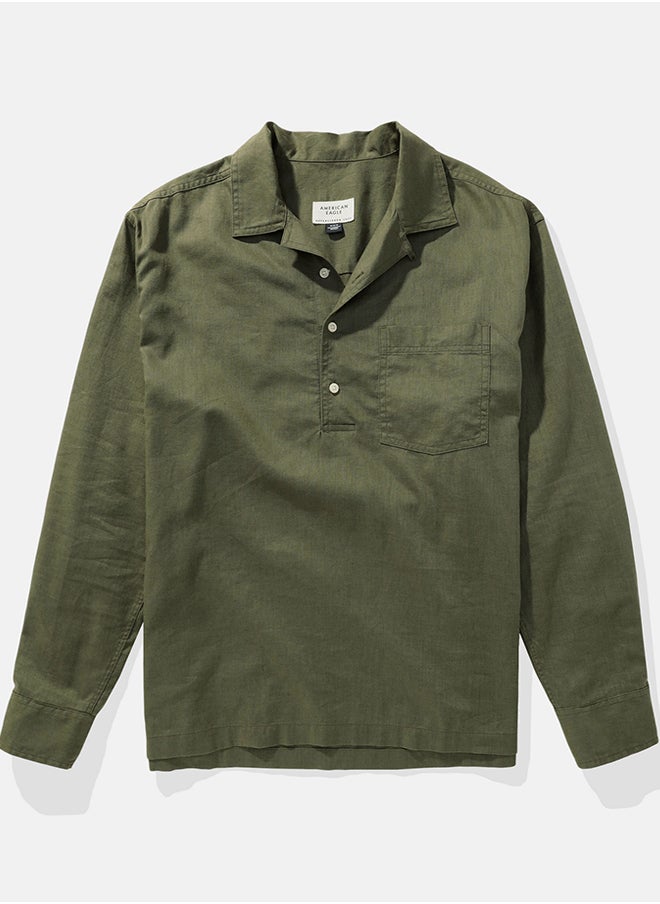 American Eagle Long-Sleeve Linen-Blend Popover Shirt  - Image 4