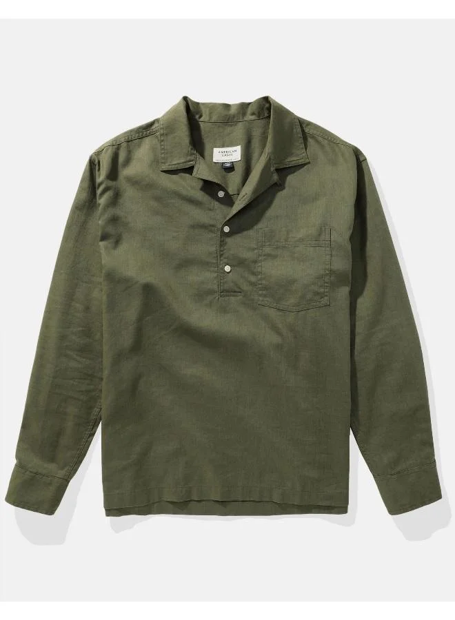 American Eagle Long-Sleeve Linen-Blend Popover Shirt
