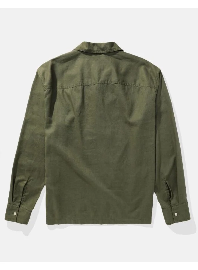 American Eagle Long-Sleeve Linen-Blend Popover Shirt