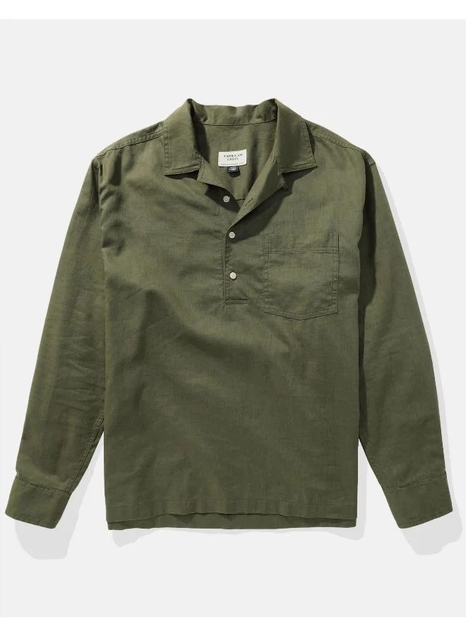 American Eagle Long-Sleeve Linen-Blend Popover Shirt