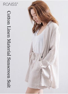 roaiss Women's 2-Piece Cotton Linen Set Lightweight Small Suit Jacket And Casual Loose Fitting Wide Leg Shorts  - Image 3