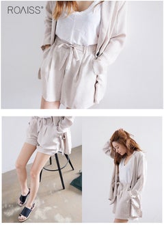 roaiss Women's 2-Piece Cotton Linen Set Lightweight Small Suit Jacket And Casual Loose Fitting Wide Leg Shorts  - Image 5