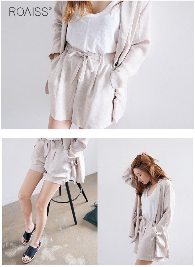 roaiss Women's 2-Piece Cotton Linen Set Lightweight Small Suit Jacket And Casual Loose Fitting Wide Leg Shorts  - Image 5