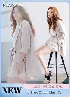 roaiss Women's 2-Piece Cotton Linen Set Lightweight Small Suit Jacket And Casual Loose Fitting Wide Leg Shorts  - Image 1