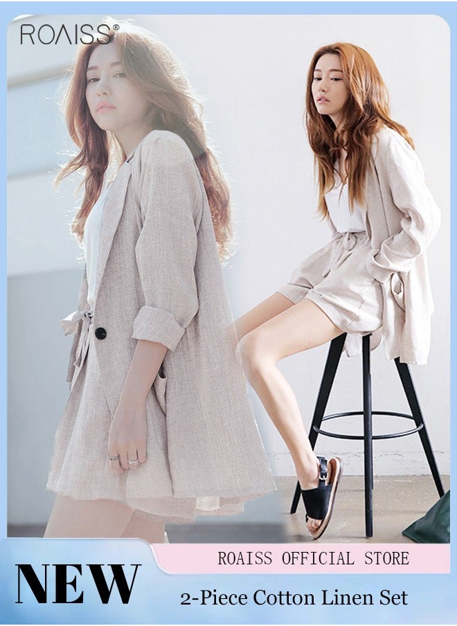 roaiss Women's 2-Piece Cotton Linen Set Lightweight Small Suit Jacket And Casual Loose Fitting Wide Leg Shorts  - Image 1