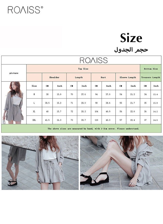 roaiss Women's 2-Piece Cotton Linen Set Lightweight Small Suit Jacket And Casual Loose Fitting Wide Leg Shorts  - Image 2